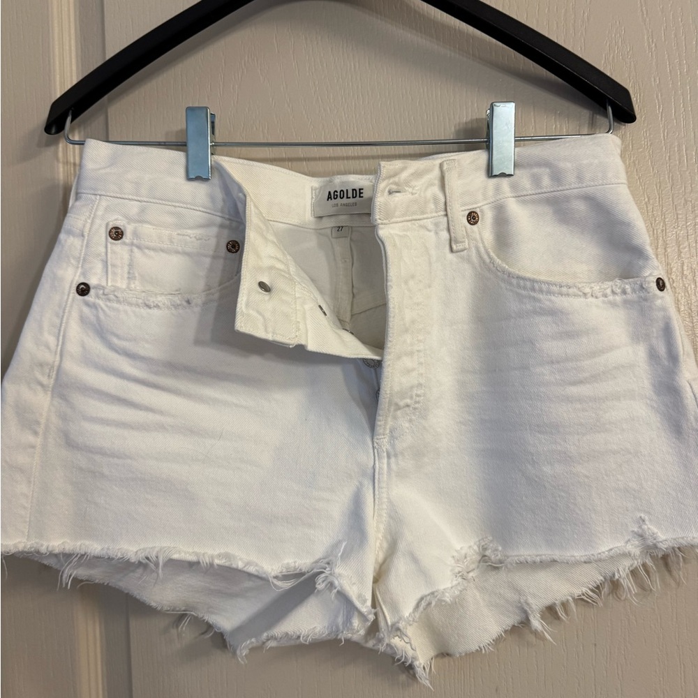 AGOLDE White Frayed Hem High-Rise Denim Shorts